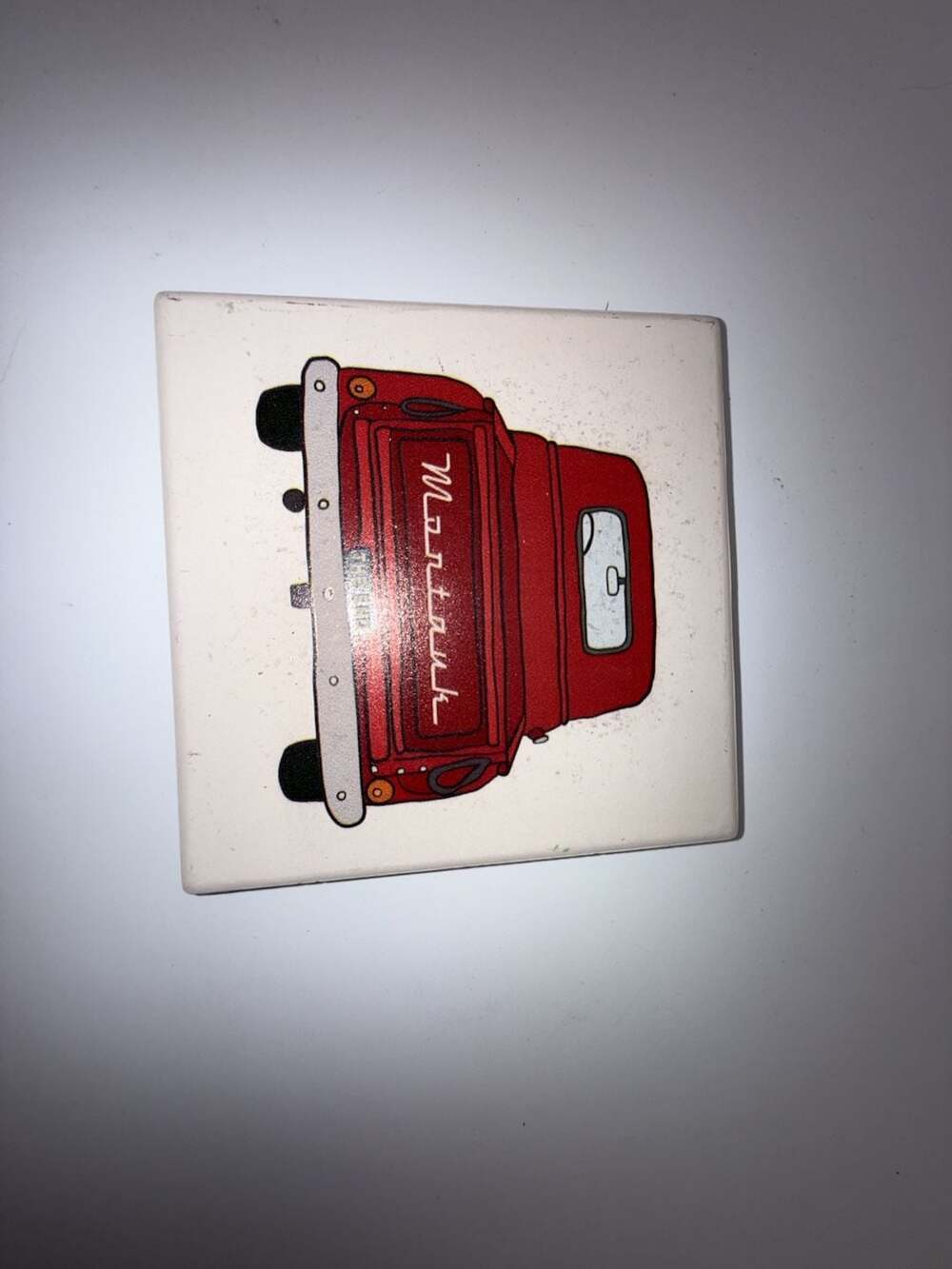 Montauk Red Vintage Pickup Truck Ceramic Coaster with Cork Backing